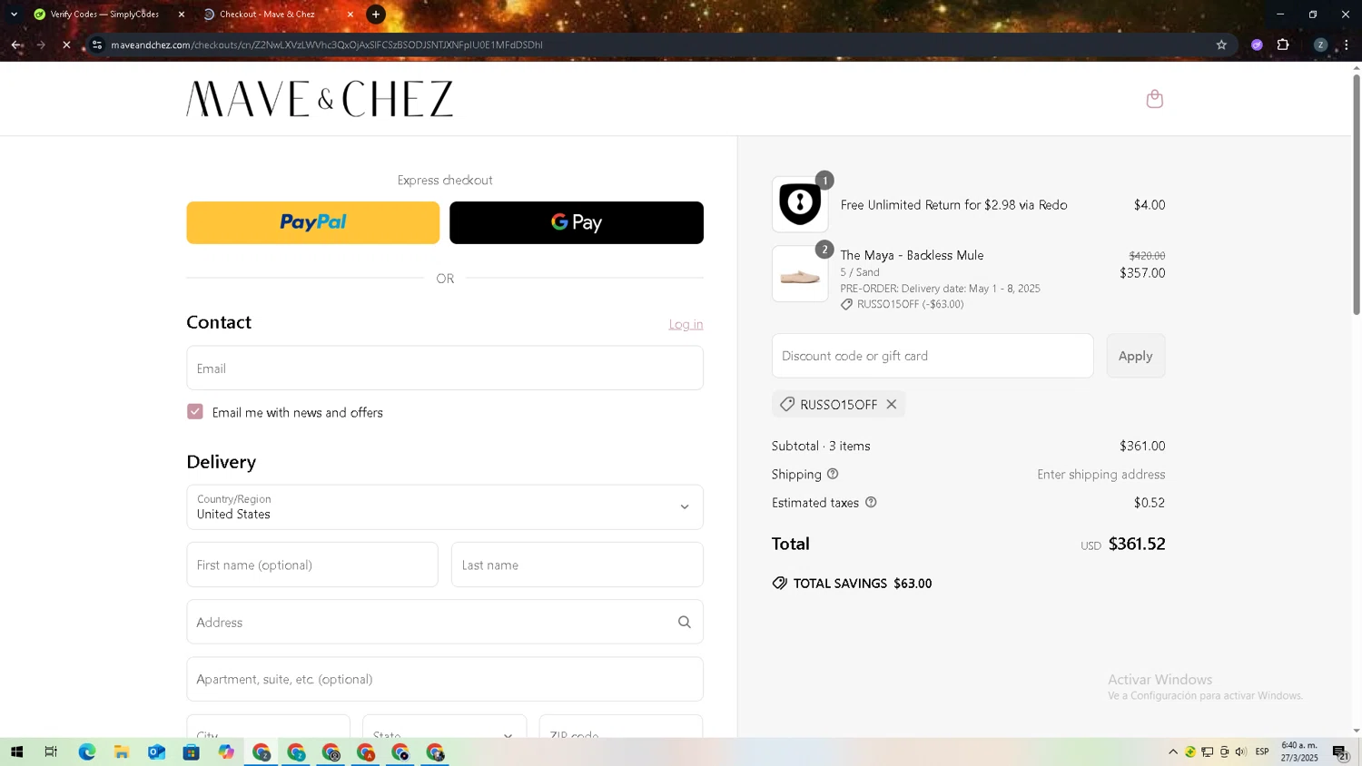 Mave & Chez promo code screenshot showing code RUSSO15OFF applied at Mave & Chez checkout page. Uploaded by SimplyCodes community member zadquiel on Mar 27, 2025
