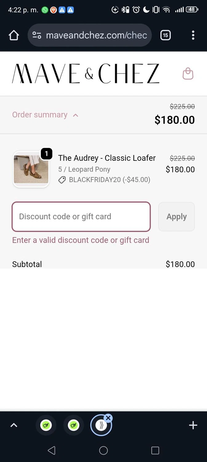 Mave & Chez promo code screenshot showing code vip20-53251 applied at Mave & Chez checkout page. Uploaded by SimplyCodes community member George09 on Nov 25, 2025