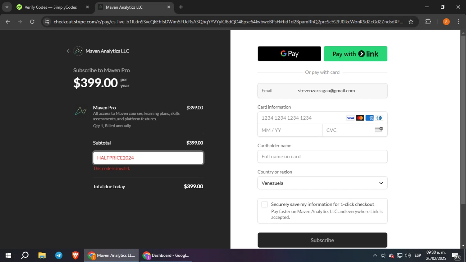 Maven Analytics promo code screenshot showing code HALFPRICE2024 applied at Maven Analytics checkout page. Uploaded by SimplyCodes community member StevenZarraga on Feb 26, 2025