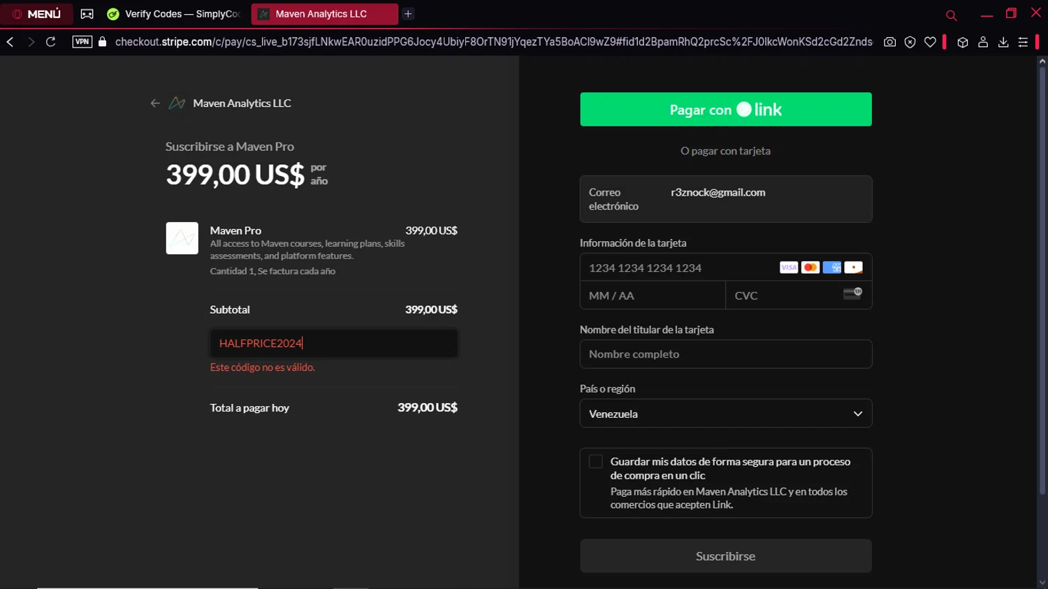 Maven Analytics promo code screenshot showing code HALFPRICE2024 applied at Maven Analytics checkout page. Uploaded by SimplyCodes community member buda7512864542576 on Mar 7, 2025