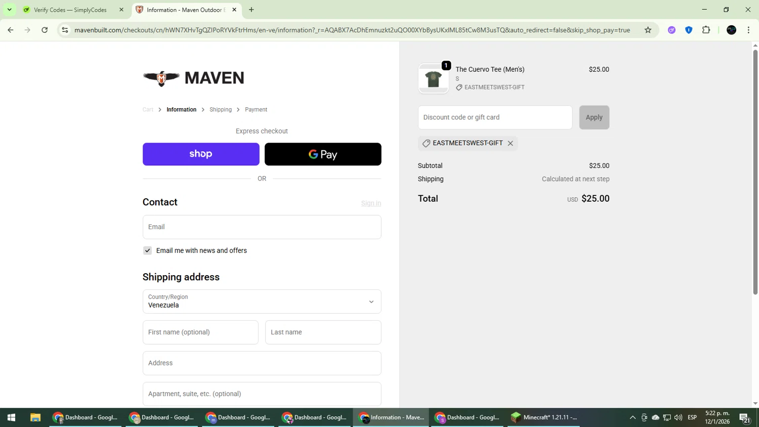 Maven Built discount code screenshot showing code EASTMEETSWEST-GIFT applied at Maven Built checkout page. Uploaded by SimplyCodes community member CarmenVGR on Jan 12, 2026