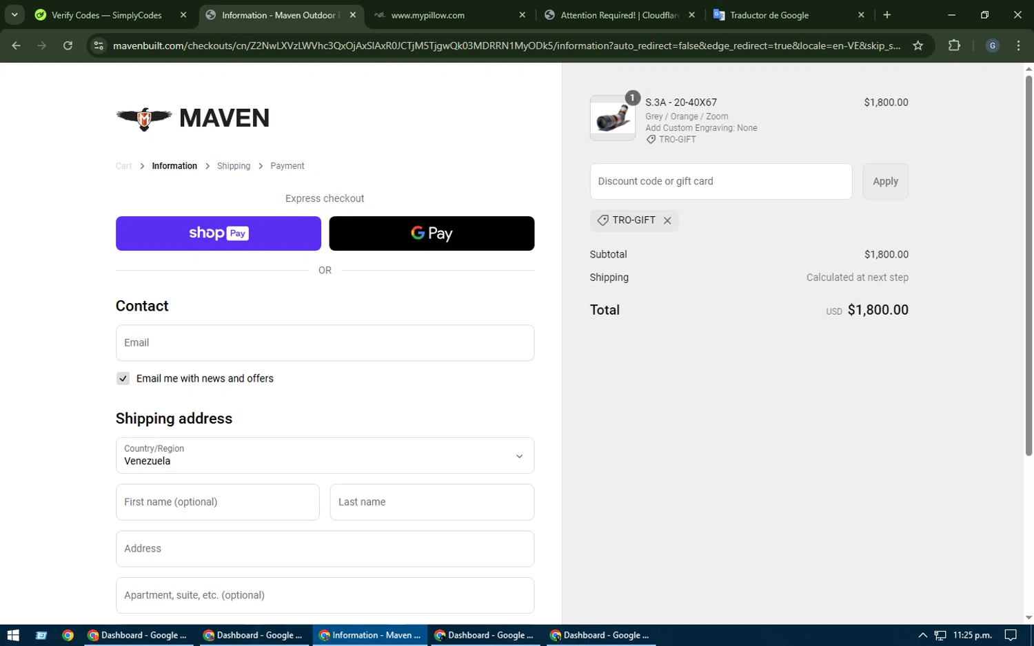 Maven Built discount code screenshot showing code TRO-GIFT applied at Maven Built checkout page. Uploaded by SimplyCodes community member TOUSEN on Mar 11, 2025