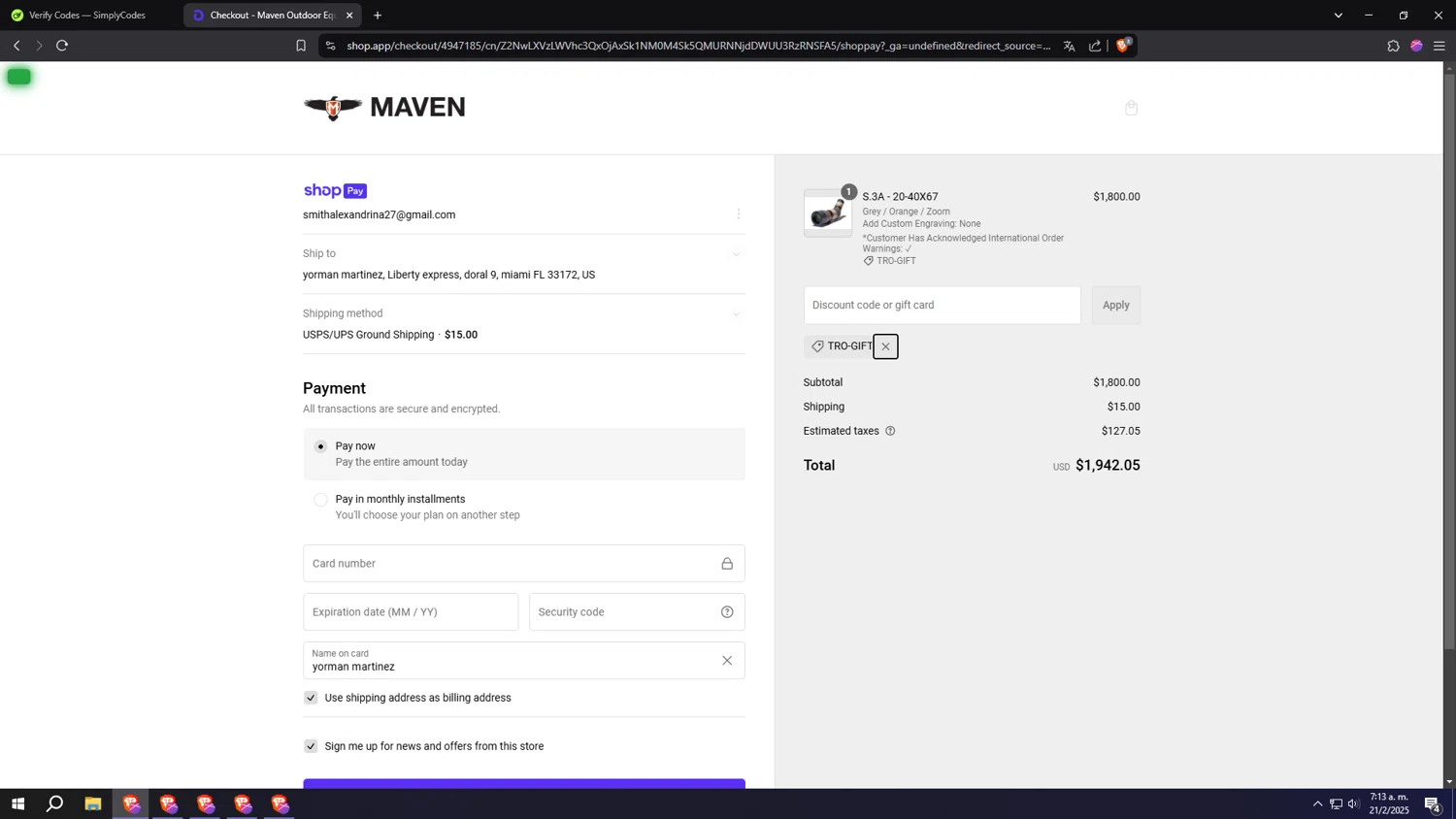 Maven Built discount code screenshot showing code TRO-GIFT applied at Maven Built checkout page. Uploaded by SimplyCodes community member MRYORMAN on Feb 21, 2025