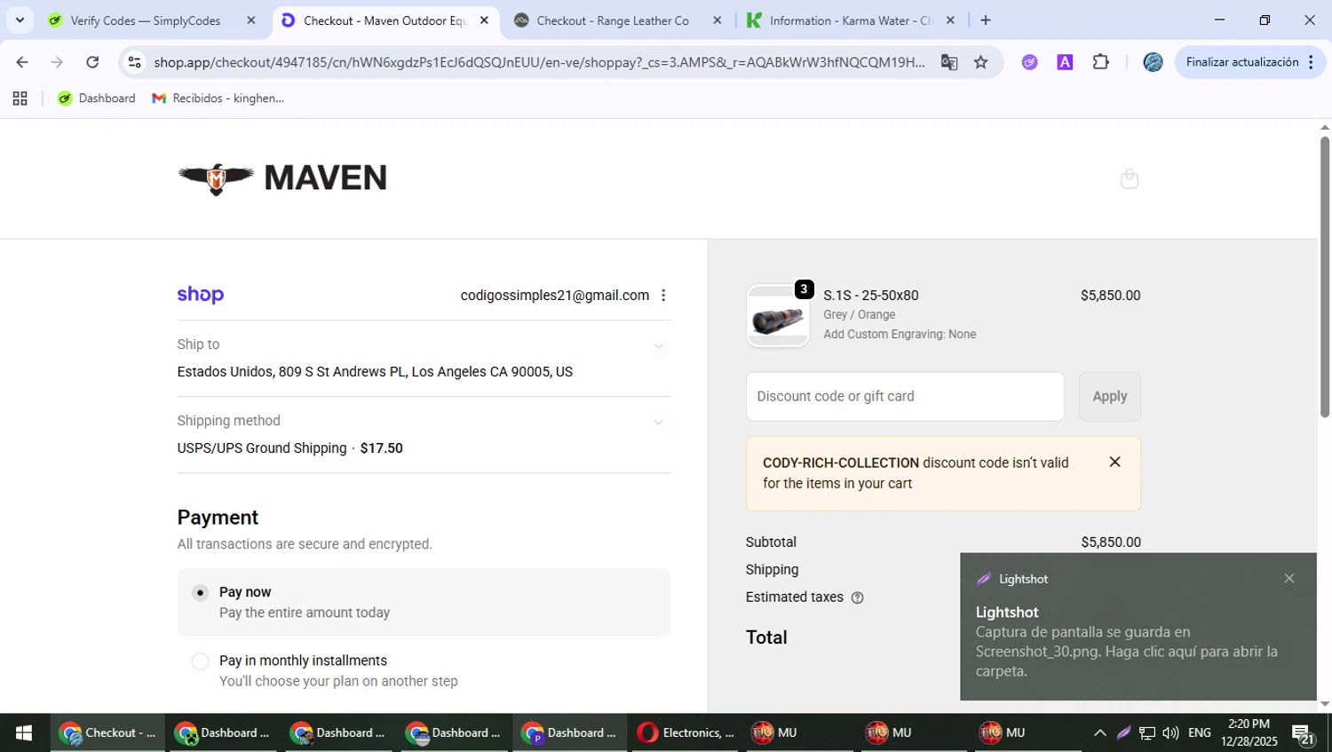 Maven Built discount code screenshot showing code CODY-RICH-COLLECTION applied at Maven Built checkout page. Uploaded by SimplyCodes community member PokeGOAT on Dec 28, 2025