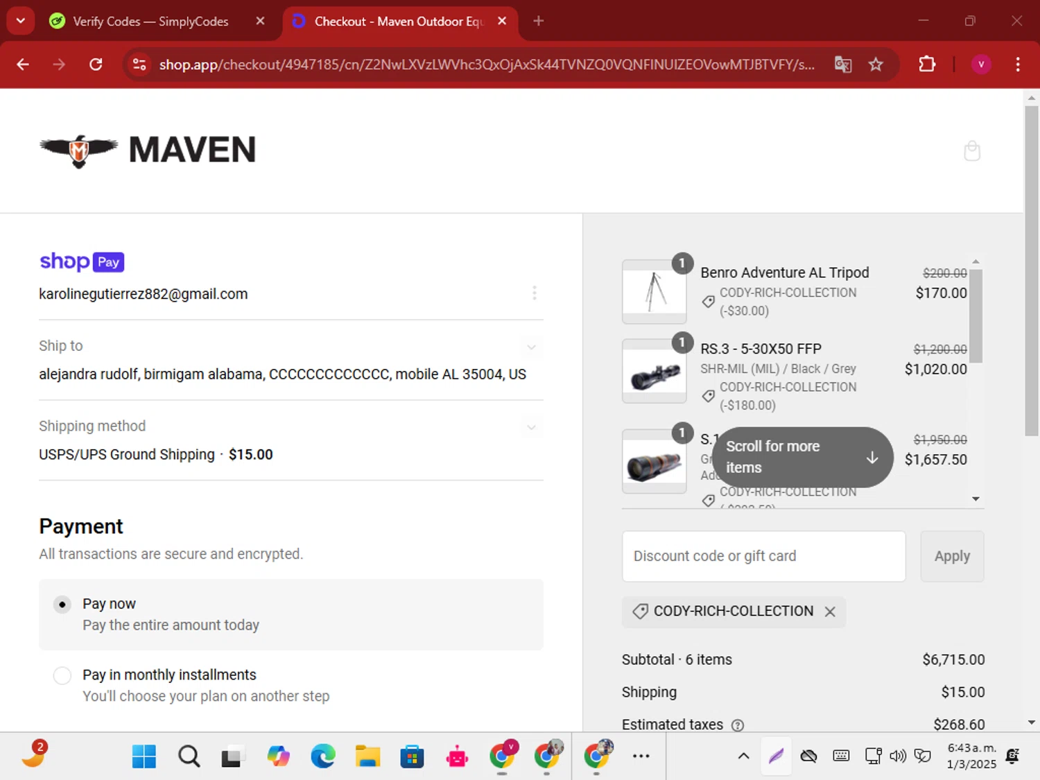 Maven Built discount code screenshot showing code CODY-RICH-COLLECTION applied at Maven Built checkout page. Uploaded by SimplyCodes community member karoline on Mar 1, 2025