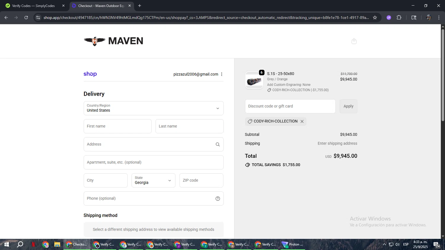 Maven Built discount code screenshot showing code CODY-RICH-COLLECTION applied at Maven Built checkout page. Uploaded by SimplyCodes community member xxdddd on Sep 25, 2025