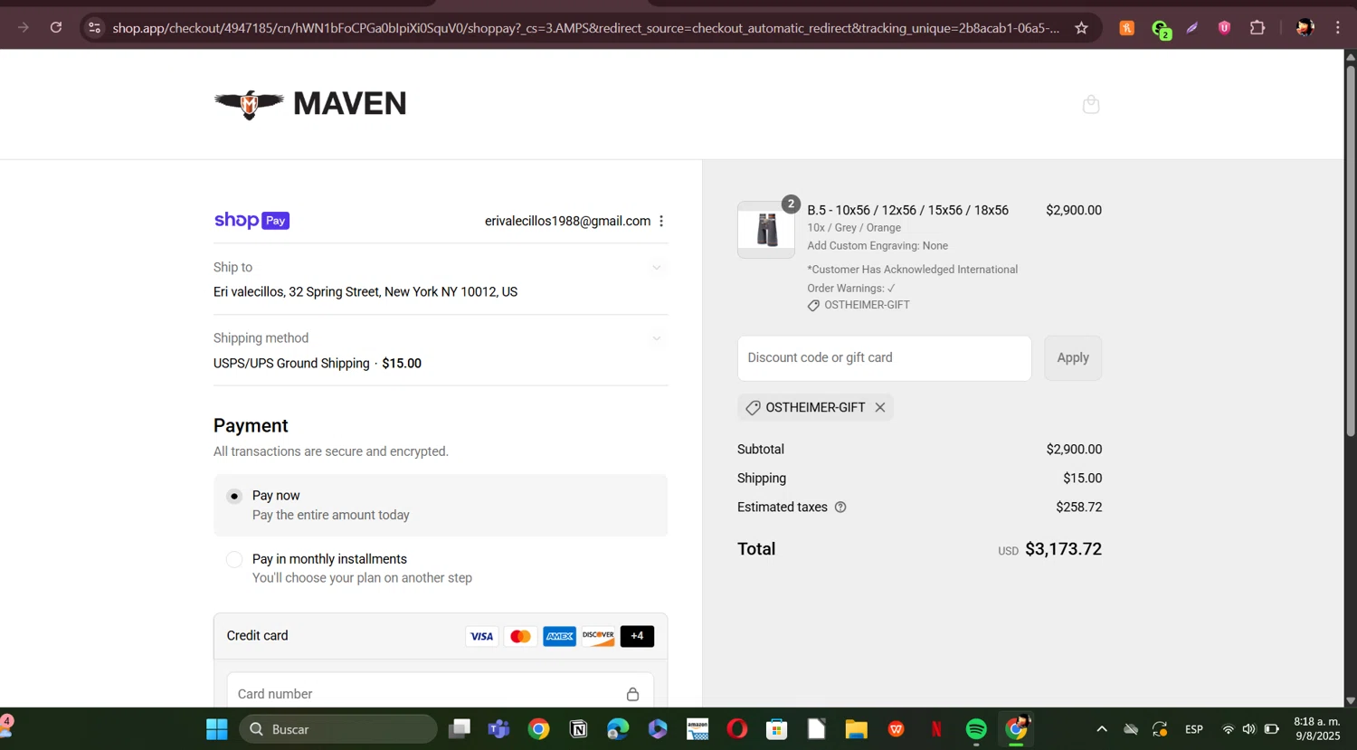 Maven Built discount code screenshot showing code OSTHEIMER-GIFT applied at Maven Built checkout page. Uploaded by SimplyCodes community member ERI0810 on Aug 9, 2025