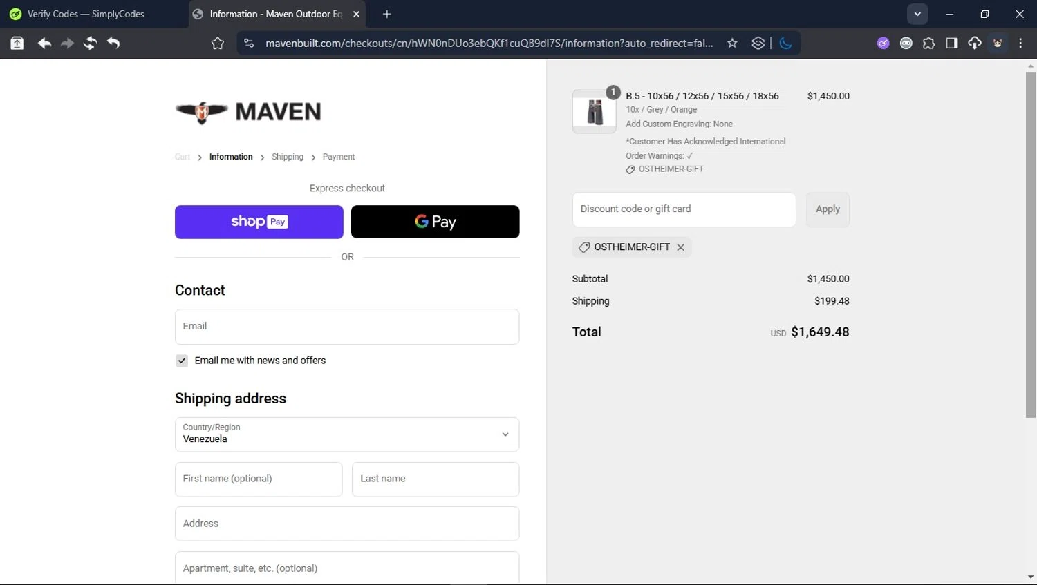 Maven Built discount code screenshot showing code OSTHEIMER-GIFT applied at Maven Built checkout page. Uploaded by SimplyCodes community member PromoSpotter1784 on Jul 19, 2025