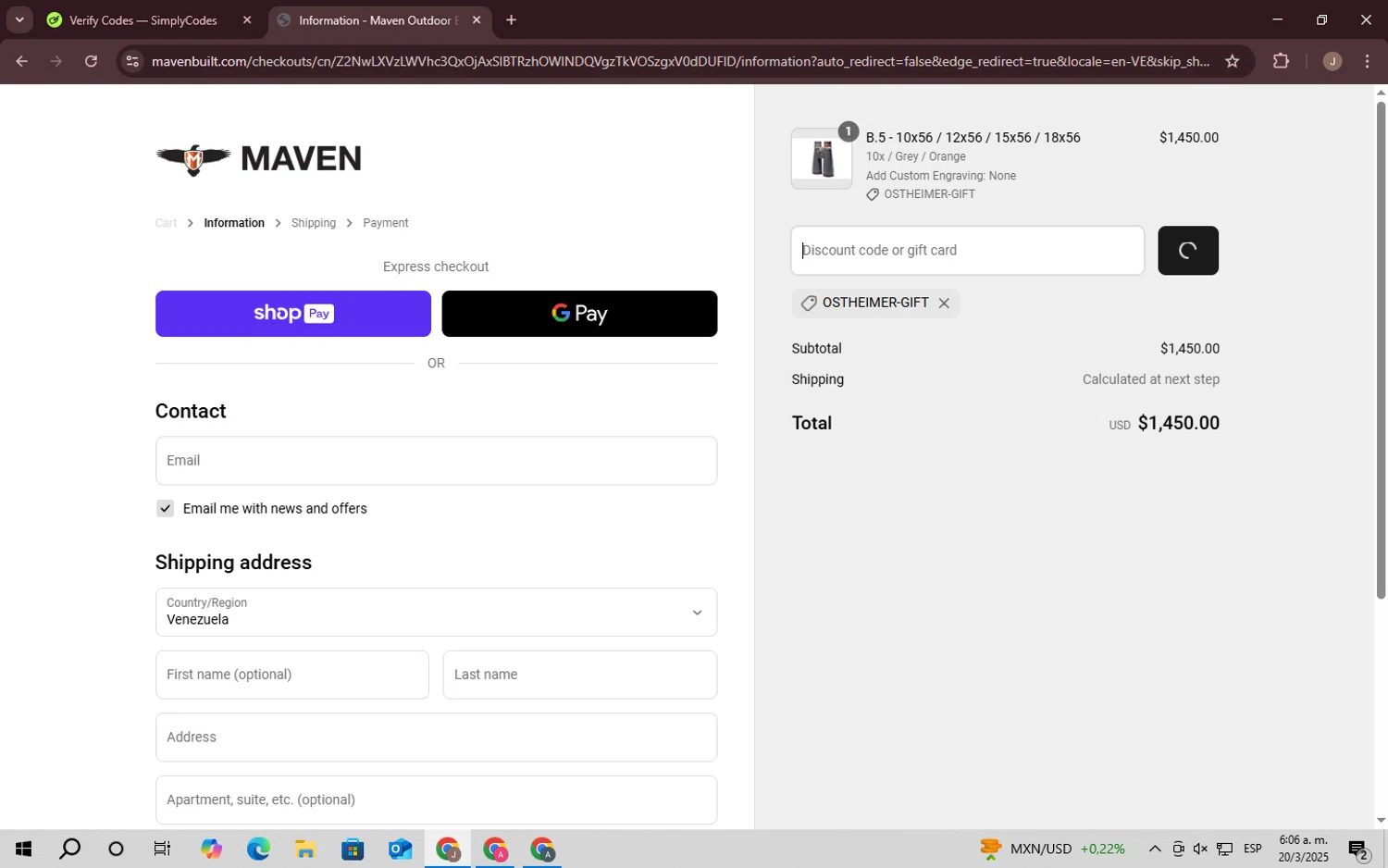 Maven Built discount code screenshot showing code OSTHEIMER-GIFT applied at Maven Built checkout page. Uploaded by SimplyCodes community member CrownChaser949 on Mar 20, 2025