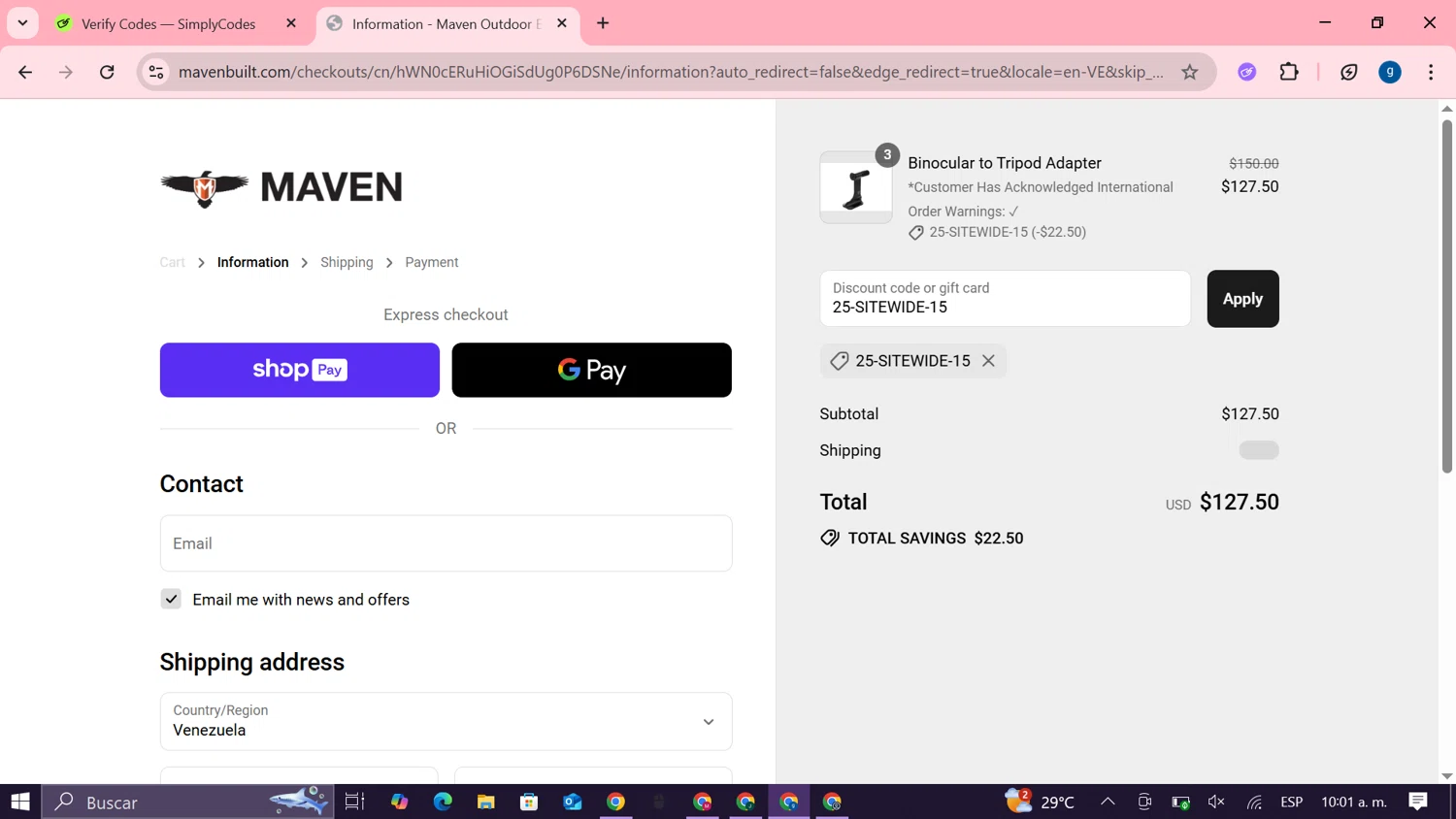 Maven Built discount code screenshot showing code 25-SITEWIDE-15 applied at Maven Built checkout page. Uploaded by SimplyCodes community member MoneyTiger7289 on Jul 14, 2025