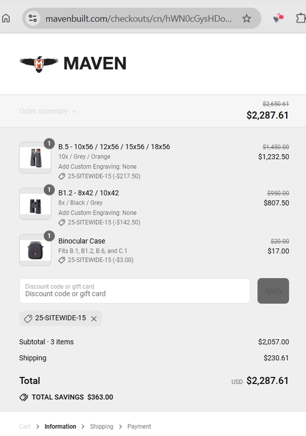 Maven Built discount code screenshot showing code 25-SITEWIDE-15 applied at Maven Built checkout page. Uploaded by SimplyCodes community member WonderExpert2552 on Jul 14, 2025