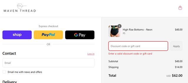 Maven Thread checkout page showing Maven Thread discount code box | Screenshot taken by SimplyCodes community member on Aug 30, 2025