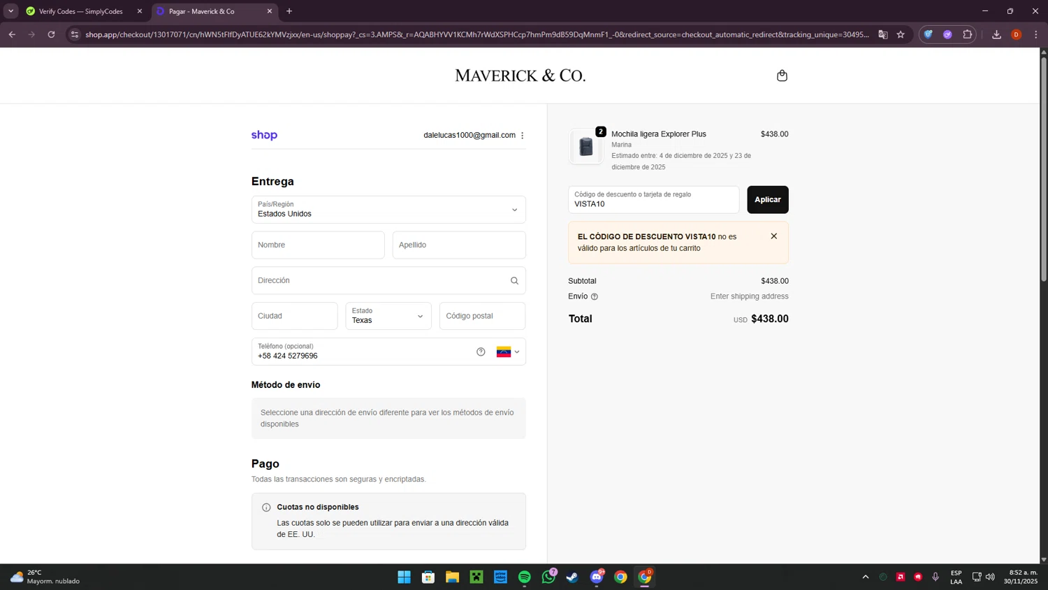 Maverick & Co. discount code screenshot showing code VISTA10 applied at Maverick & Co. checkout page. Uploaded by SimplyCodes community member Corleone on Nov 30, 2025
