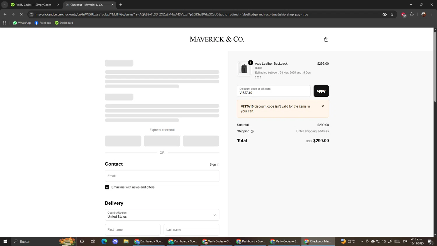 Maverick & Co. discount code screenshot showing code VISTA10 applied at Maverick & Co. checkout page. Uploaded by SimplyCodes community member ScanShopper554 on Nov 15, 2025