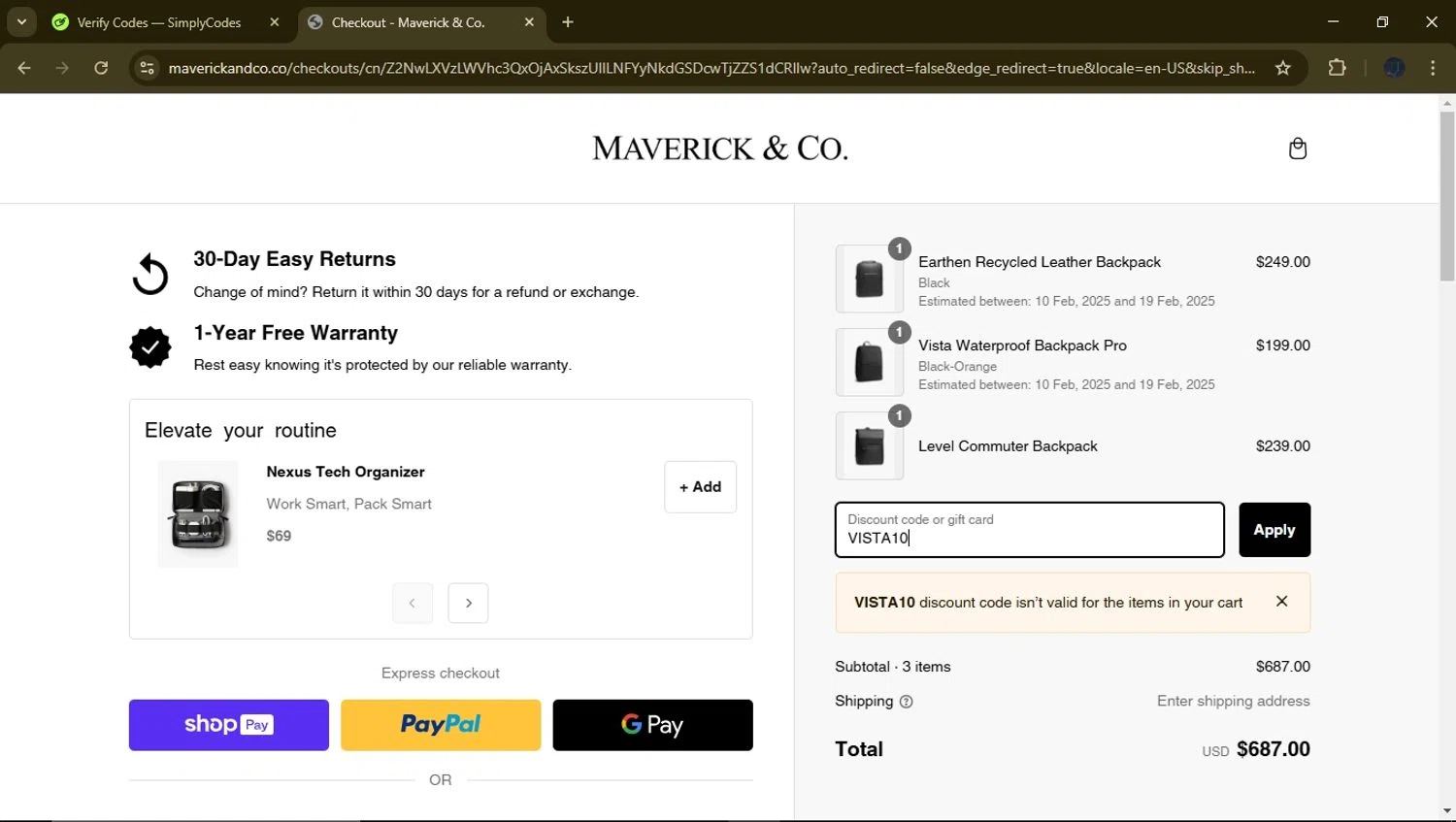 Maverick & Co. discount code screenshot showing code VISTA10 applied at Maverick & Co. checkout page. Uploaded by SimplyCodes community member GloriousFinder8415 on Feb 2, 2025