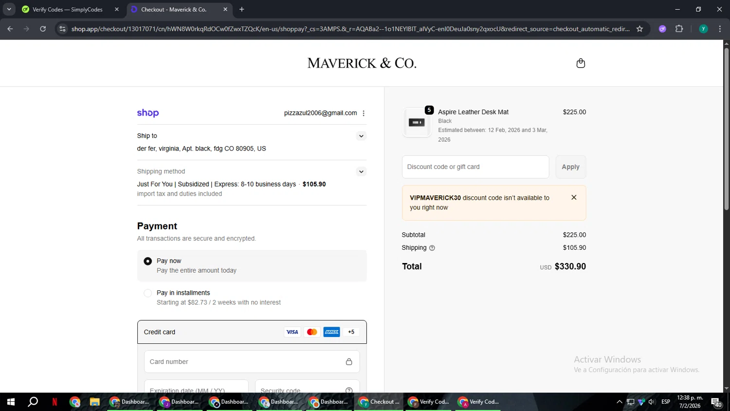Maverick & Co. checkout page showing Maverick & Co. discount code box | Screenshot taken by SimplyCodes community member on Feb 7, 2026