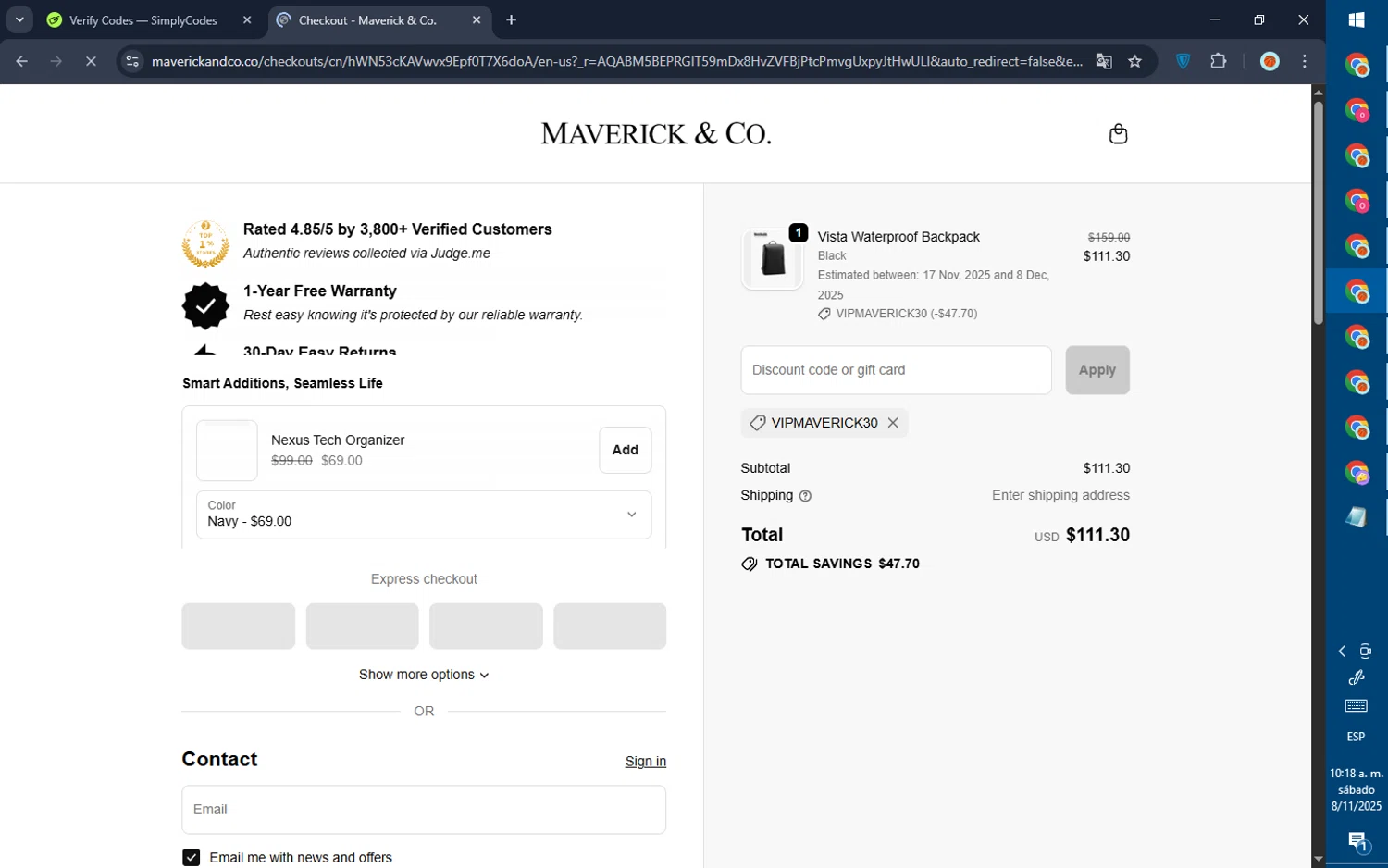 Maverick & Co. discount code screenshot showing code VIPMAVERICK30 applied at Maverick & Co. checkout page. Uploaded by SimplyCodes community member GoldPilot5958 on Nov 8, 2025