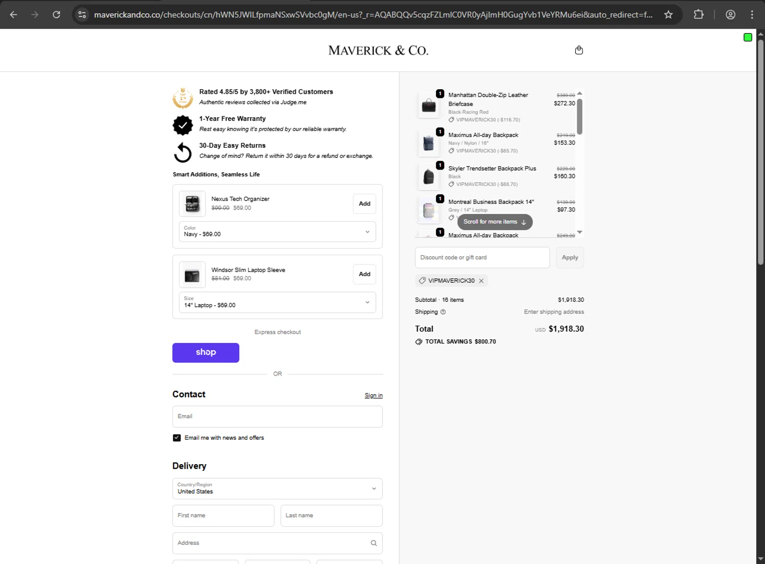 Maverick & Co. discount code screenshot showing code VIPMAVERICK30 applied at Maverick & Co. checkout page. Uploaded by SimplyCodes community member JakePerrox on Nov 15, 2025