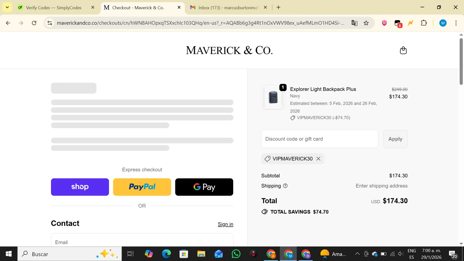 Maverick & Co. discount code screenshot showing code VIPMAVERICK30 applied at Maverick & Co. checkout page. Uploaded by SimplyCodes community member LegendaryAce4371 on Jan 29, 2026