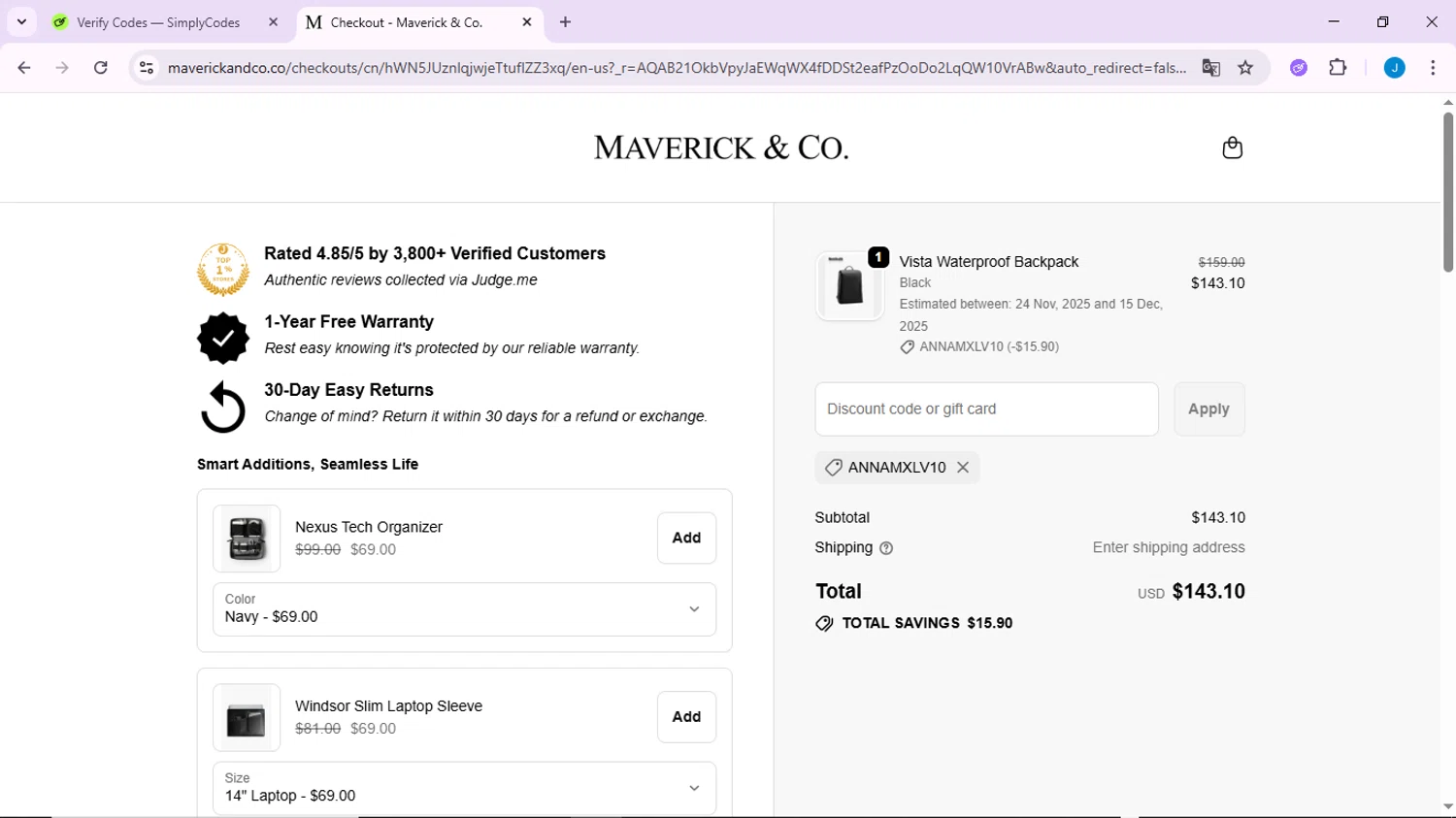Maverick & Co. discount code screenshot showing code ANNAMXLV10 applied at Maverick & Co. checkout page. Uploaded by SimplyCodes community member CodeLynx3161 on Nov 15, 2025