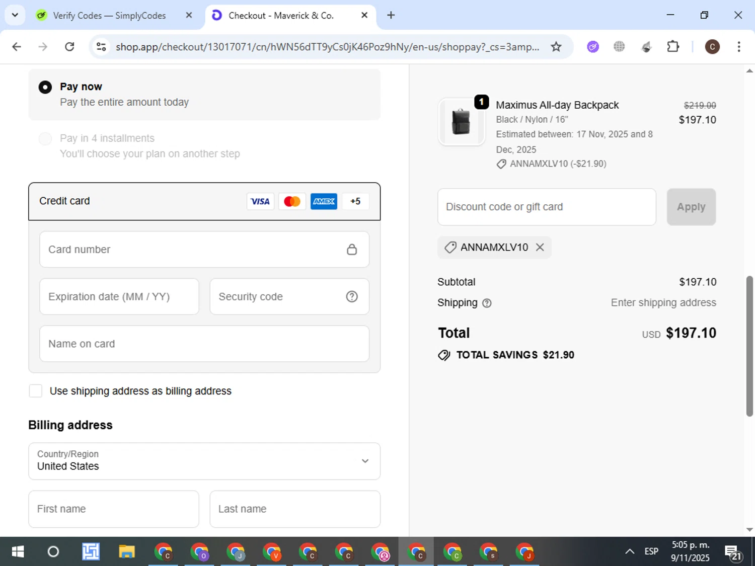 Maverick & Co. discount code screenshot showing code ANNAMXLV10 applied at Maverick & Co. checkout page. Uploaded by SimplyCodes community member VictorL on Nov 9, 2025