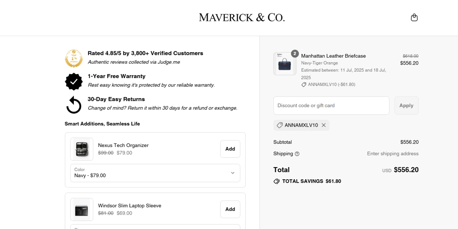 Maverick & Co. discount code screenshot showing code ANNAMXLV10 applied at Maverick & Co. checkout page. Uploaded by SimplyCodes community member juanisaac on Jul 18, 2025