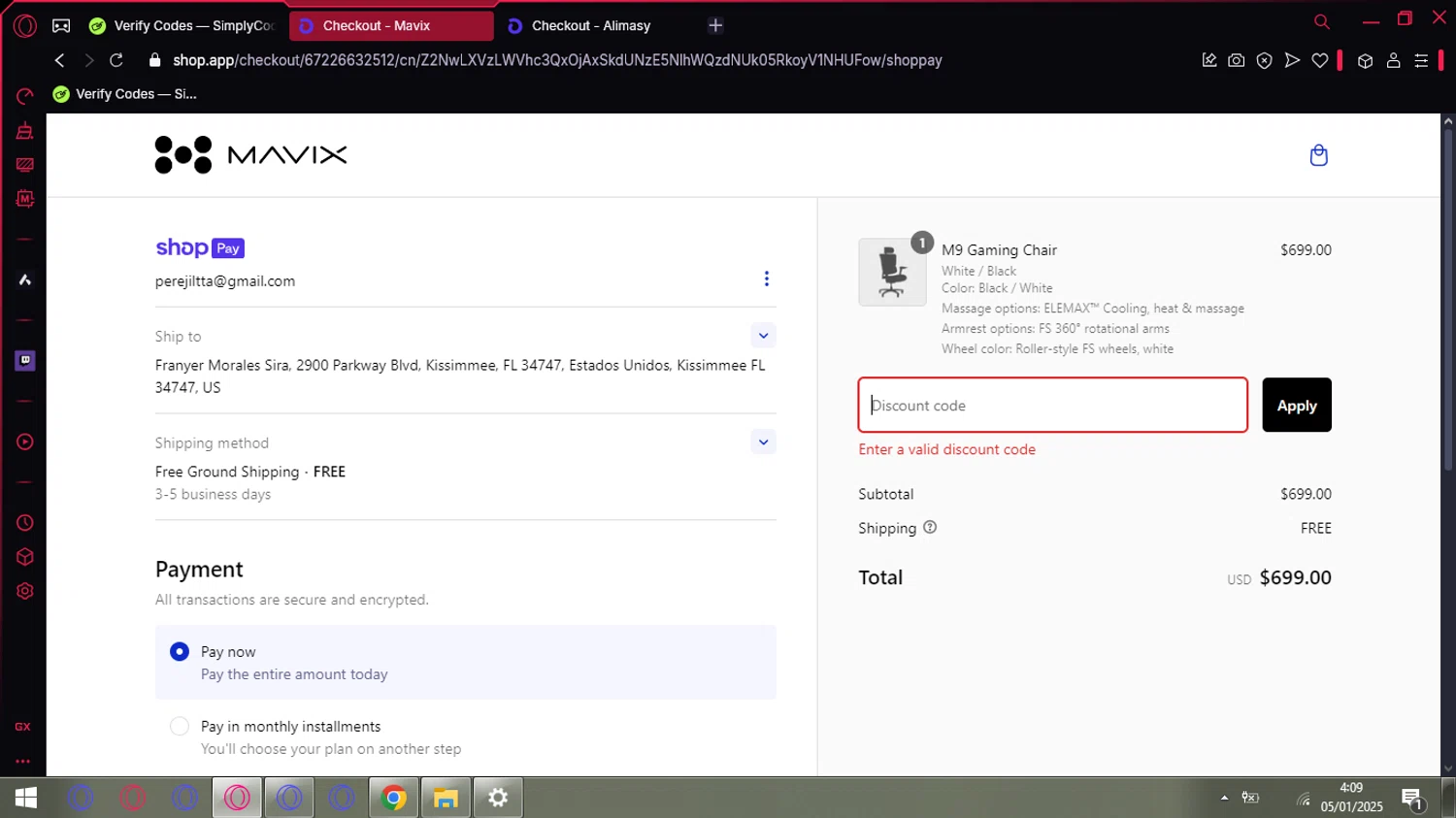 Mavix discount code screenshot showing code holiday24 applied at Mavix checkout page. Uploaded by SimplyCodes community member PromoDefender136 on Jan 5, 2025