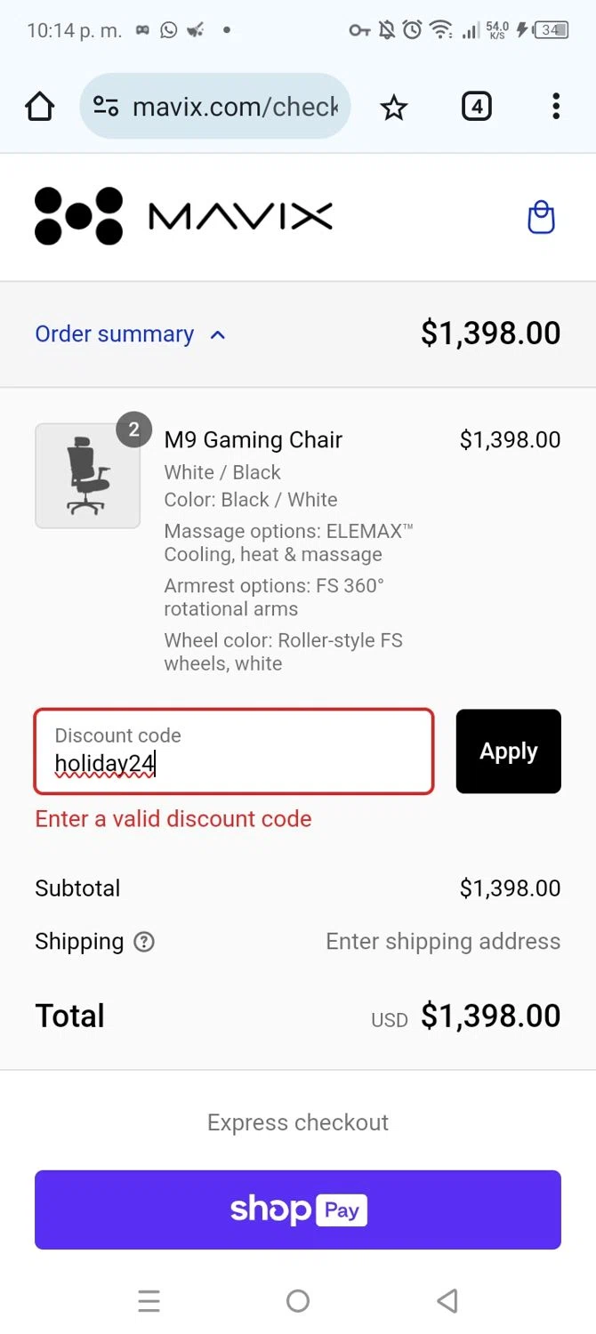 Mavix discount code screenshot showing code holiday24 applied at Mavix checkout page. Uploaded by SimplyCodes community member GoldCurator660 on Jan 5, 2025