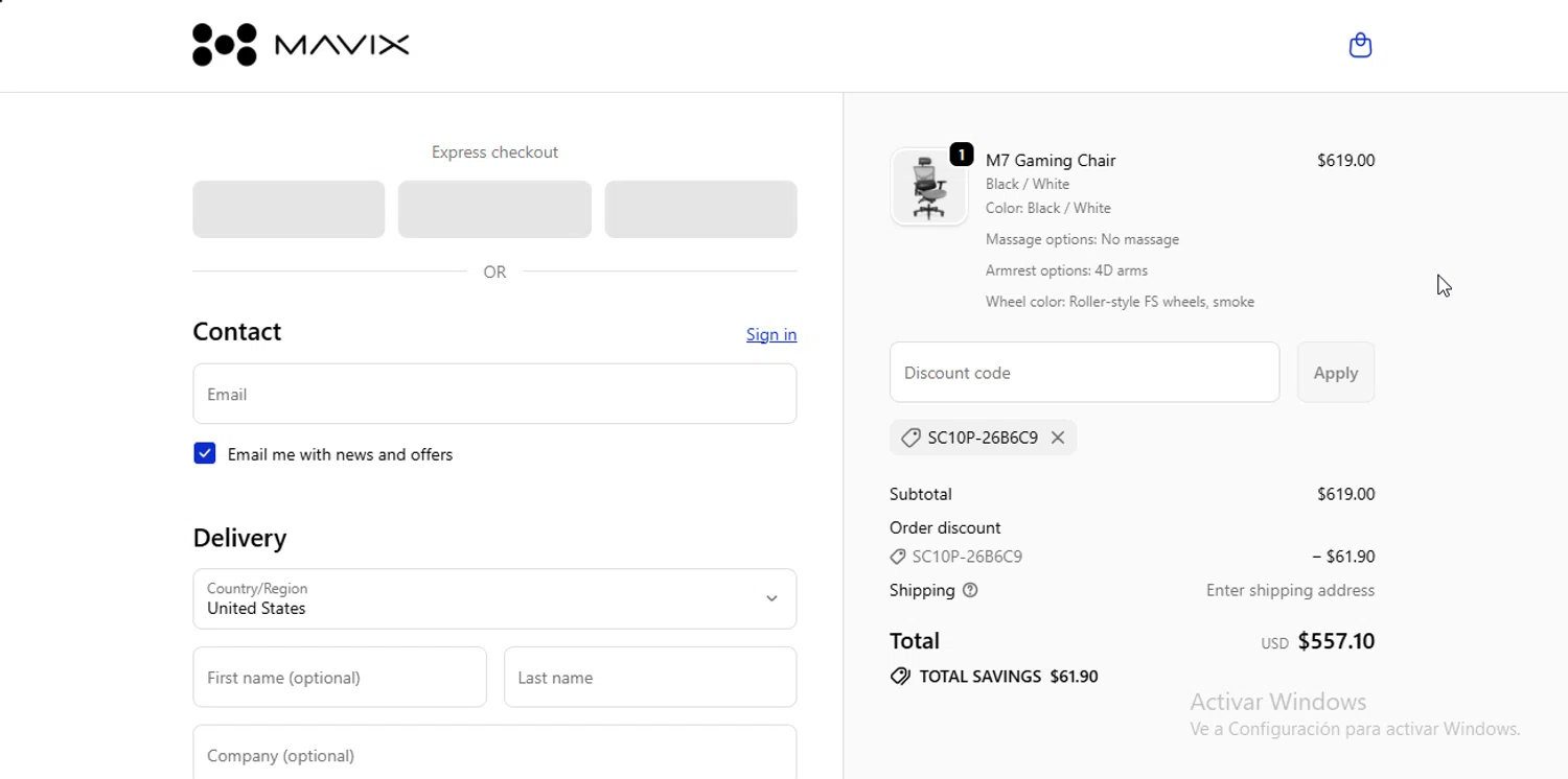 Mavix discount code screenshot showing code SC10P-26B6C9 applied at Mavix checkout page. Uploaded by SimplyCodes community member RewardLynx9164 on Dec 5, 2025