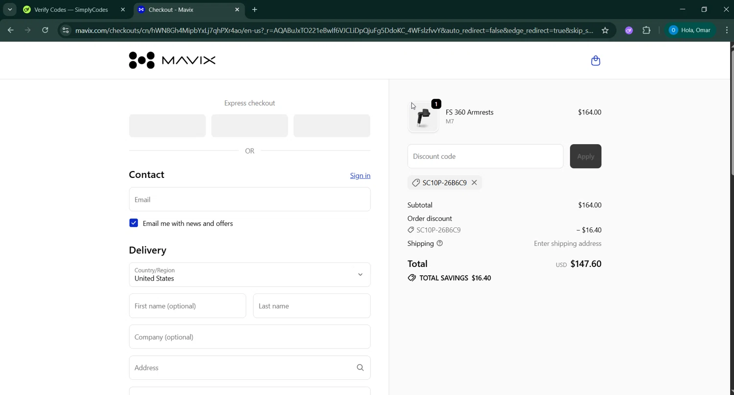 Mavix promo code screenshot showing code SC10P-26B6C9 applied at Mavix checkout page. Uploaded by SimplyCodes community member RoyalSage9159 on Feb 1, 2026