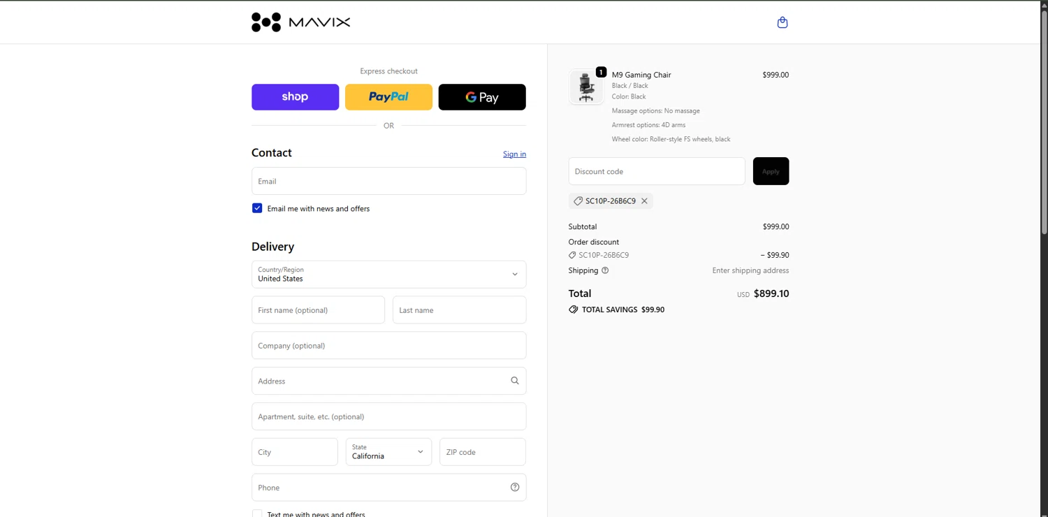 Mavix discount code screenshot showing code SC10P-26B6C9 applied at Mavix checkout page. Uploaded by SimplyCodes community member RoyalVirtuoso4479 on Nov 25, 2025