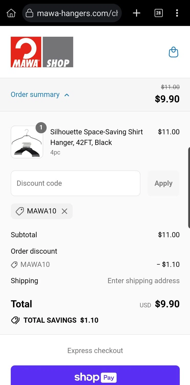 MAWA Hangers promo code screenshot showing code MAWA10 applied at MAWA Hangers checkout page. Uploaded by SimplyCodes community member Carloslvz on Aug 9, 2025