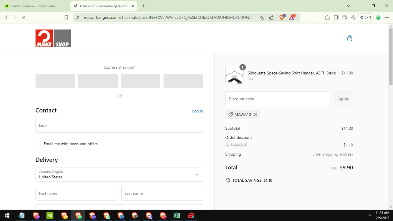 MAWA Hangers promo code screenshot showing code MAWA10 applied at MAWA Hangers checkout page. Uploaded by SimplyCodes community member DiscountSentinel4513 on Feb 5, 2025
