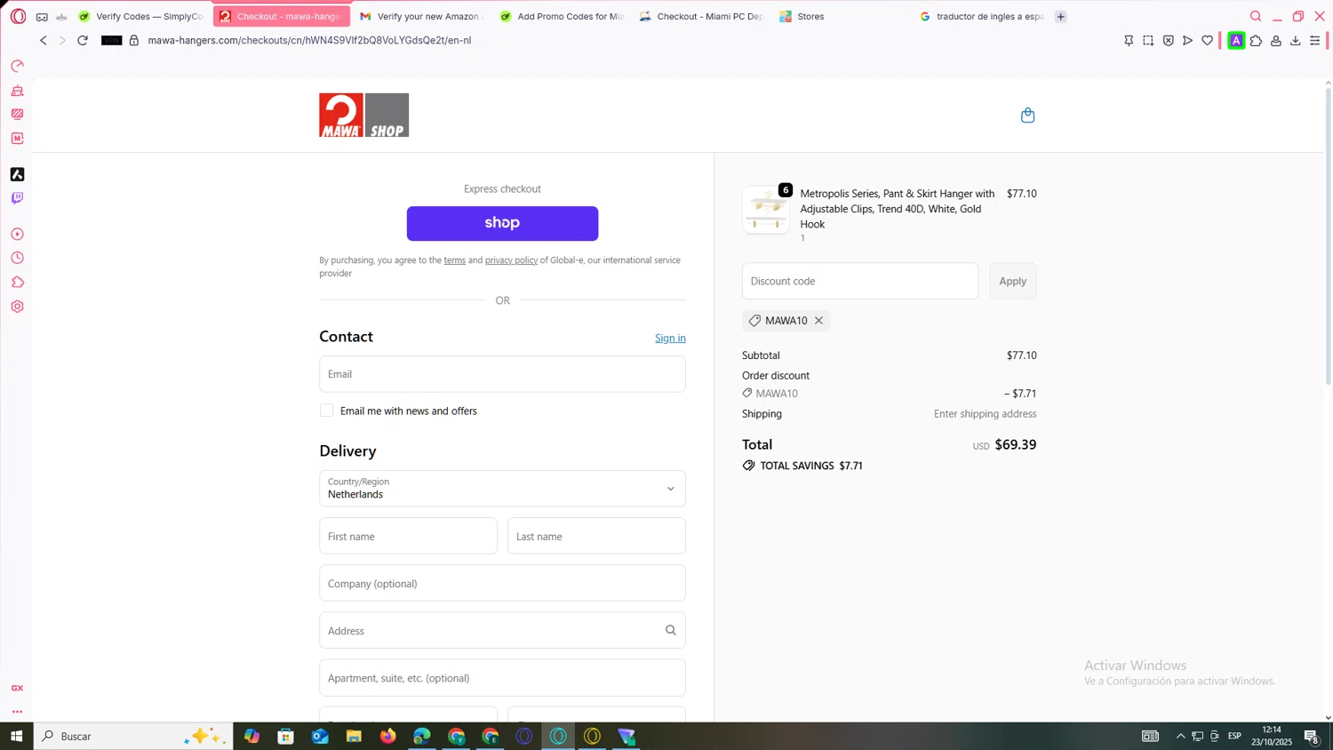 MAWA Hangers promo code screenshot showing code MAWA10 applied at MAWA Hangers checkout page. Uploaded by SimplyCodes community member yanetrod on Oct 23, 2025