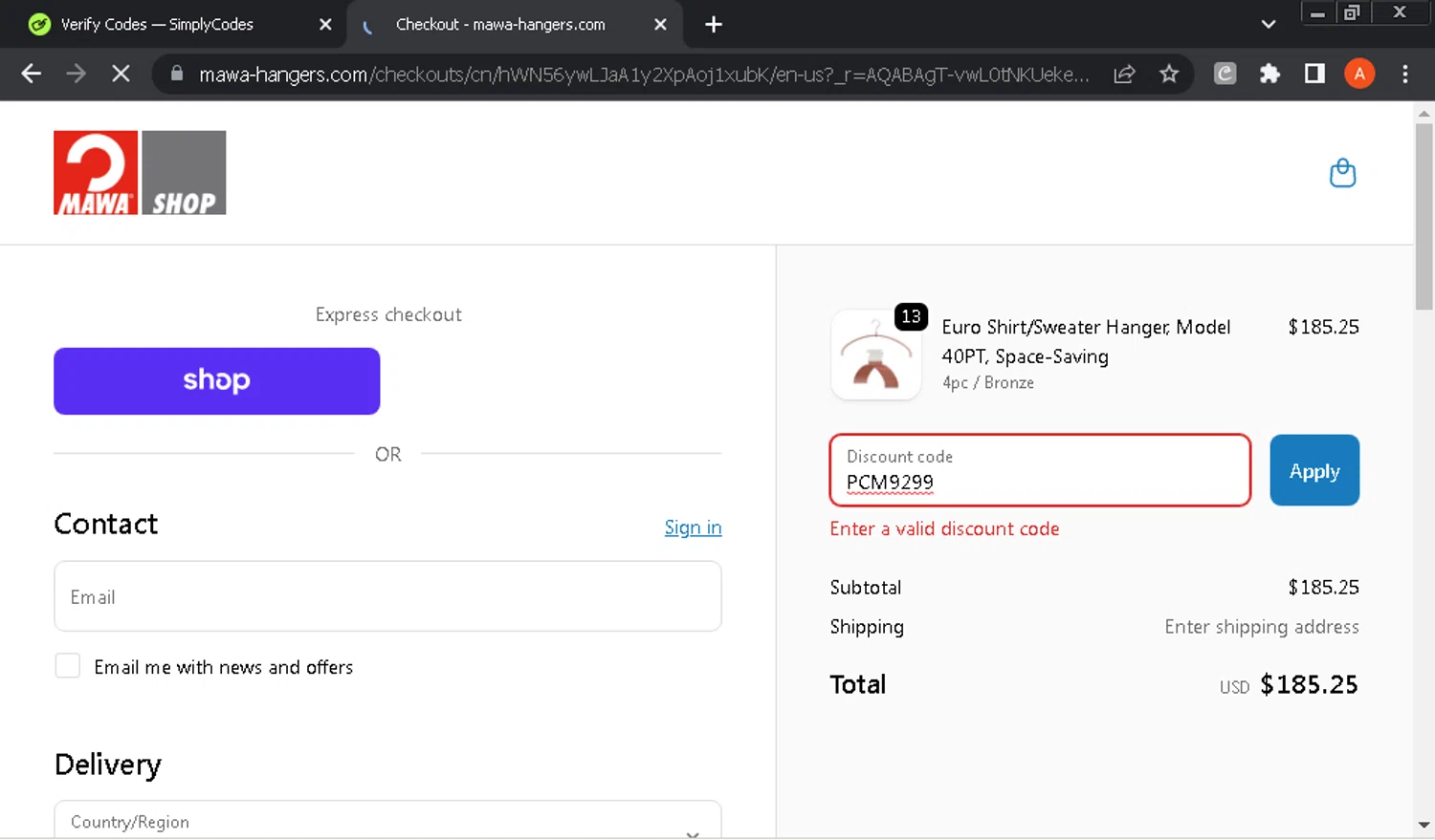 MAWA Hangers promo code screenshot showing code PCM9299 applied at MAWA Hangers checkout page. Uploaded by SimplyCodes community member GloriousOwl8819 on Nov 10, 2025