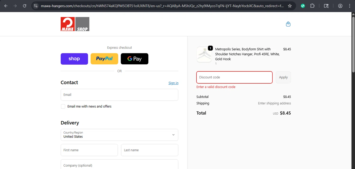 MAWA Hangers promo code screenshot showing code PCM9299 applied at MAWA Hangers checkout page. Uploaded by SimplyCodes community member xaswqe on Nov 10, 2025