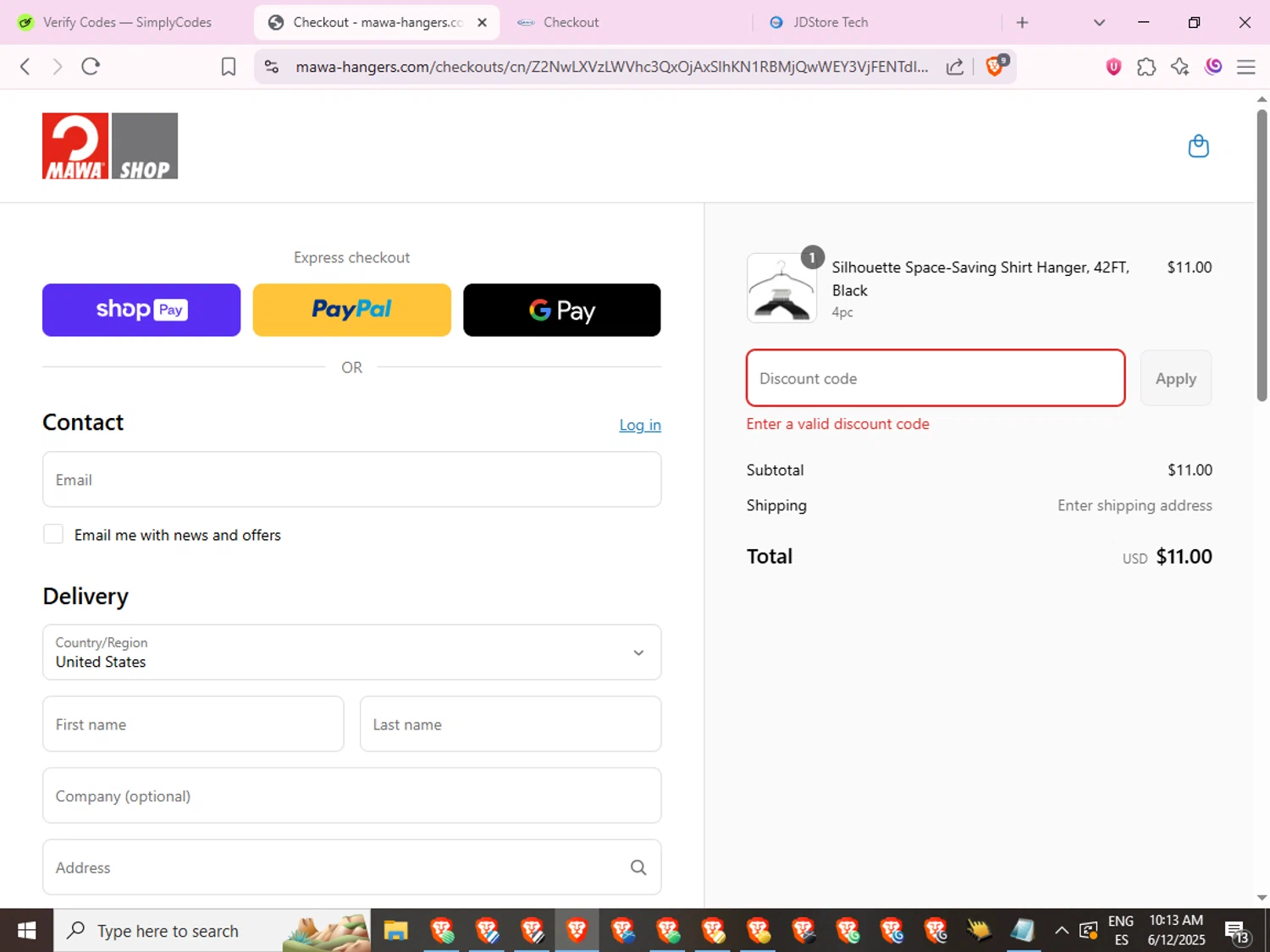 MAWA Hangers promo code screenshot showing code 25percent applied at MAWA Hangers checkout page. Uploaded by SimplyCodes community member Joserafa on Jun 12, 2025
