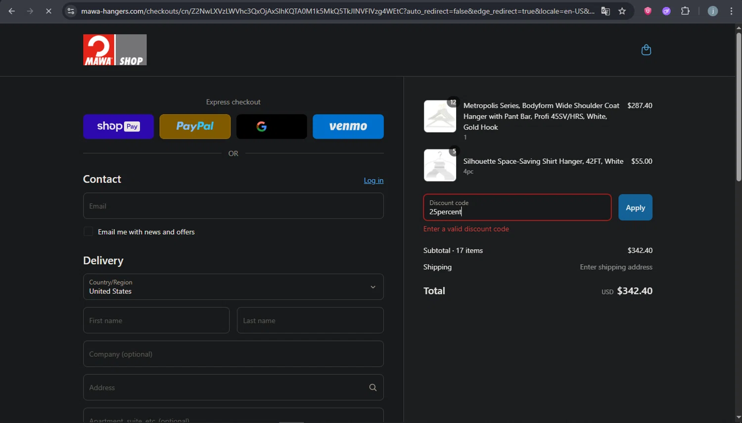MAWA Hangers promo code screenshot showing code 25percent applied at MAWA Hangers checkout page. Uploaded by SimplyCodes community member SavingsCurator5849 on Jun 12, 2025