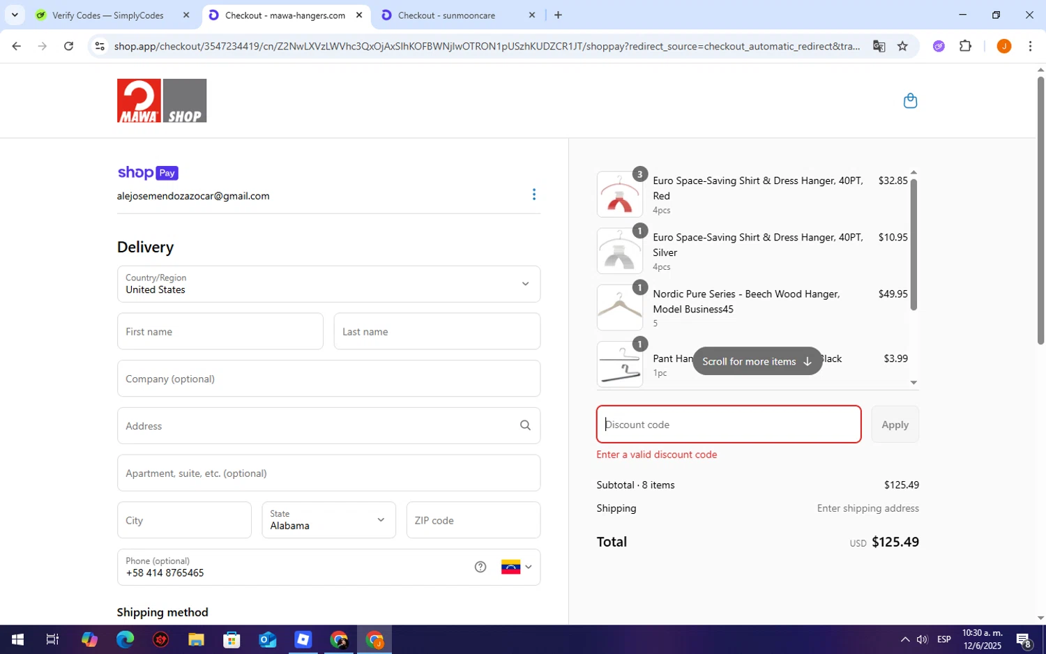 MAWA Hangers promo code screenshot showing code 25percent applied at MAWA Hangers checkout page. Uploaded by SimplyCodes community member TheCreature on Jun 12, 2025