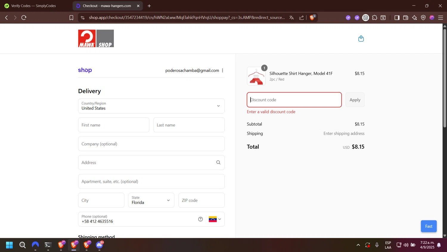 MAWA Hangers promo code screenshot showing code MAR20 applied at MAWA Hangers checkout page. Uploaded by SimplyCodes community member esperanza on Sep 4, 2025