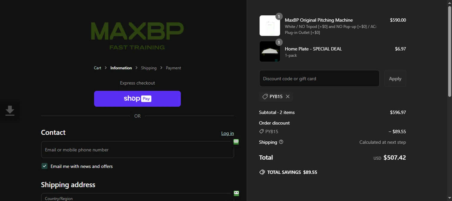 MaxBP discount code screenshot showing code PYB15 applied at MaxBP checkout page. Uploaded by SimplyCodes community member 111111 on May 24, 2025