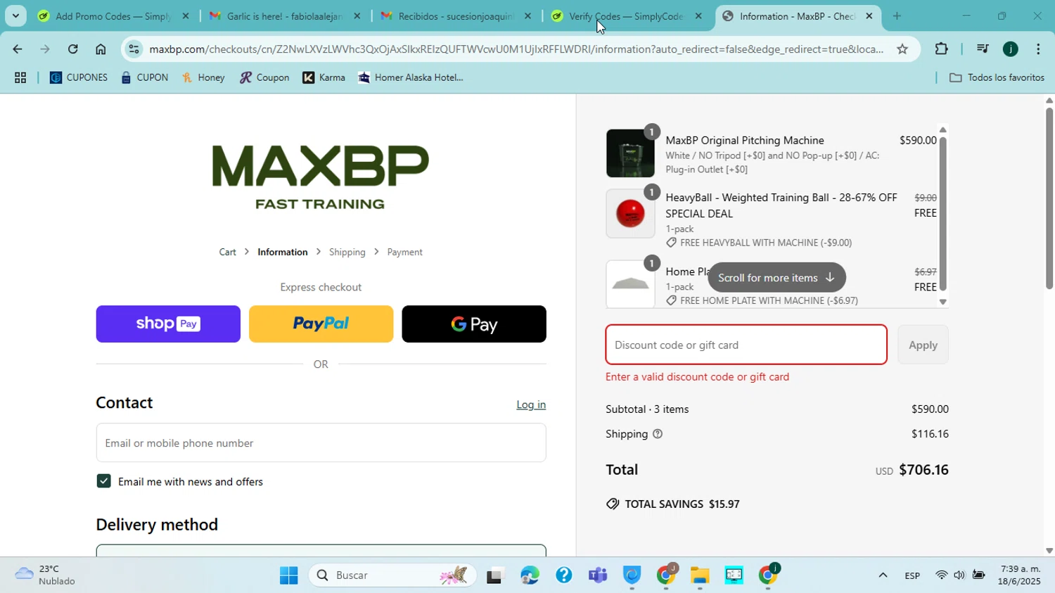 MaxBP discount code screenshot showing code FathersDayMachine applied at MaxBP checkout page. Uploaded by SimplyCodes community member jorgejavierherrera on Jun 18, 2025