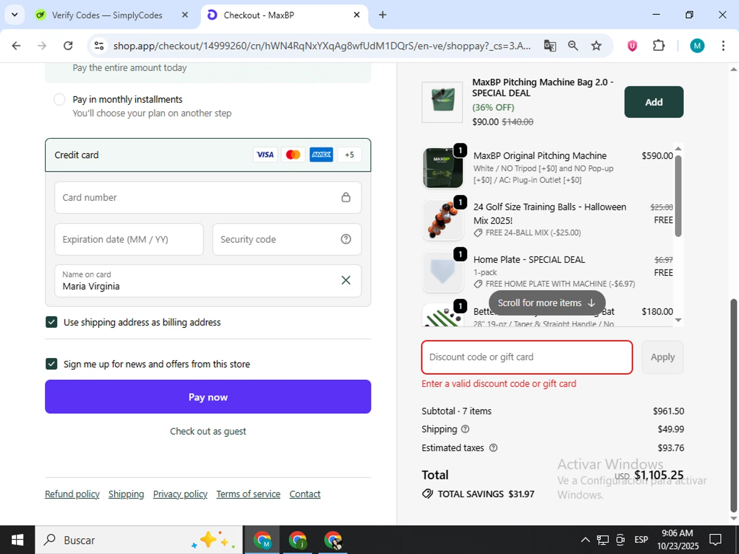 MaxBP discount code screenshot showing code SES425623461T3A applied at MaxBP checkout page. Uploaded by SimplyCodes community member estrellaveloz on Oct 23, 2025