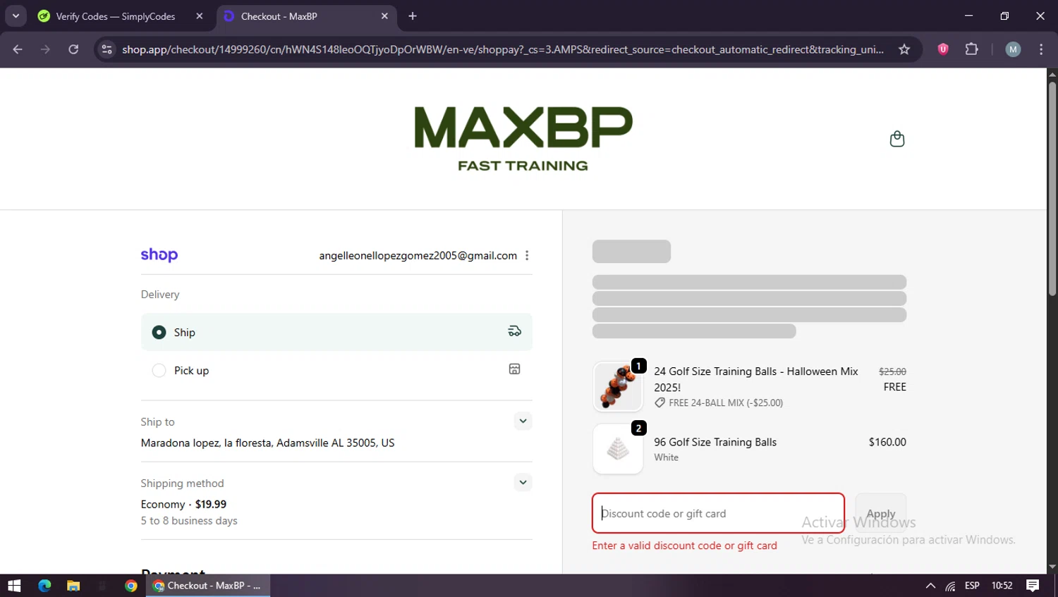 MaxBP discount code screenshot showing code SES425623461T3A applied at MaxBP checkout page. Uploaded by SimplyCodes community member maraxo on Oct 23, 2025