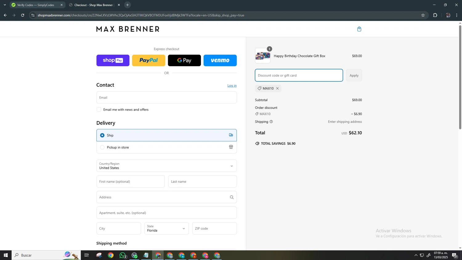 Max Brenner promo code screenshot showing code MAX10 applied at Max Brenner checkout page. Uploaded by SimplyCodes community member Chamber on Mar 13, 2025