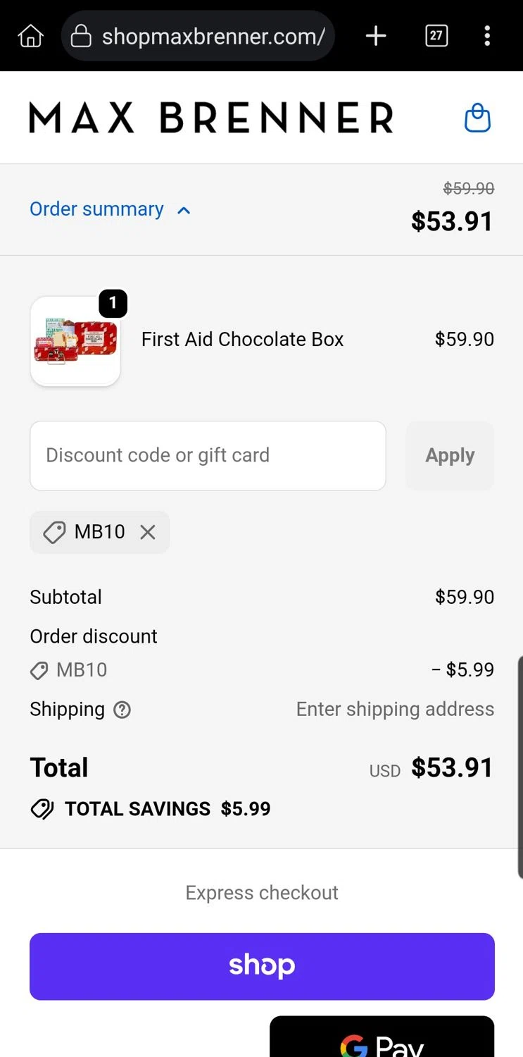 Max Brenner promo code screenshot showing code mb10 applied at Max Brenner checkout page. Uploaded by SimplyCodes community member Carloslvz on Nov 17, 2025