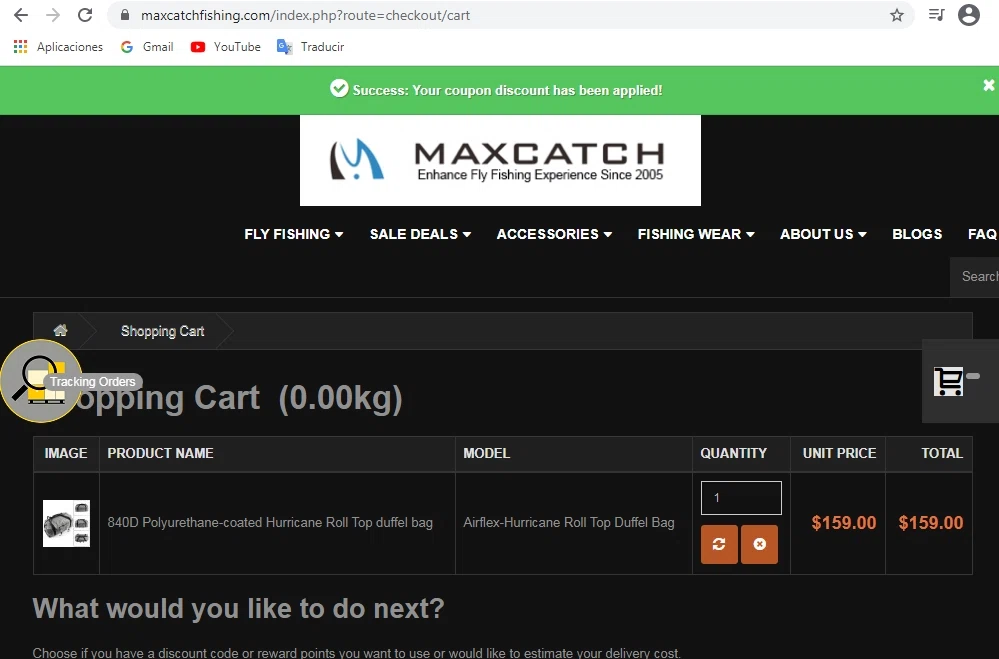 Maxcatch Fishing checkout page showing Maxcatch Fishing coupon code box | Screenshot taken by SimplyCodes community member on Jan 19, 2021
