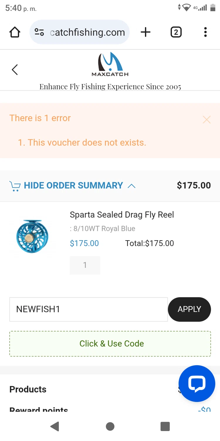 Maxcatch Fishing coupon code screenshot showing code NEWFISH1 applied at Maxcatch Fishing checkout page. Uploaded by SimplyCodes community member franksanchez on Jan 28, 2025