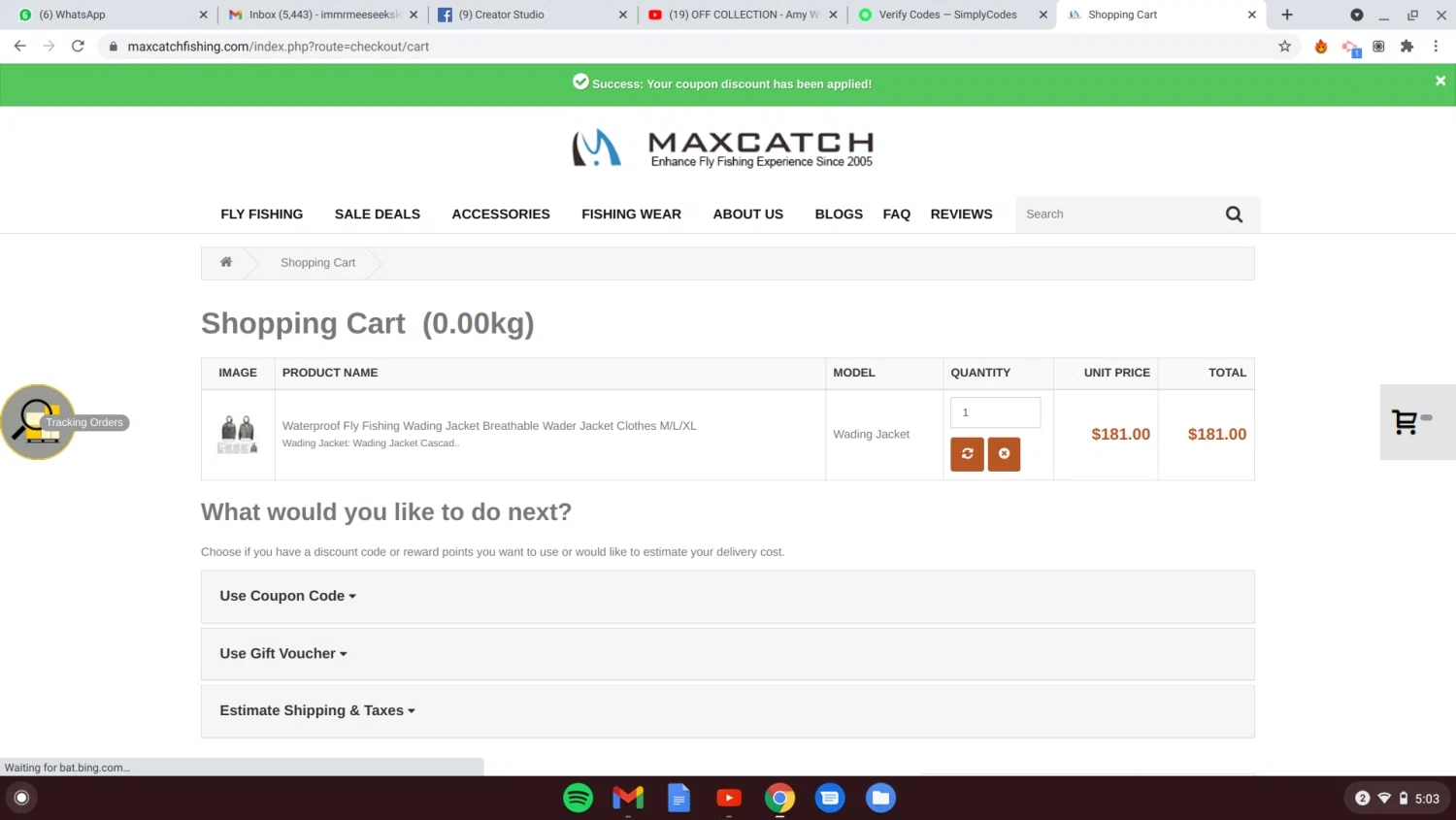Maxcatch Fishing checkout page showing Maxcatch Fishing coupon code box | Screenshot taken by SimplyCodes community member on Jan 19, 2021
