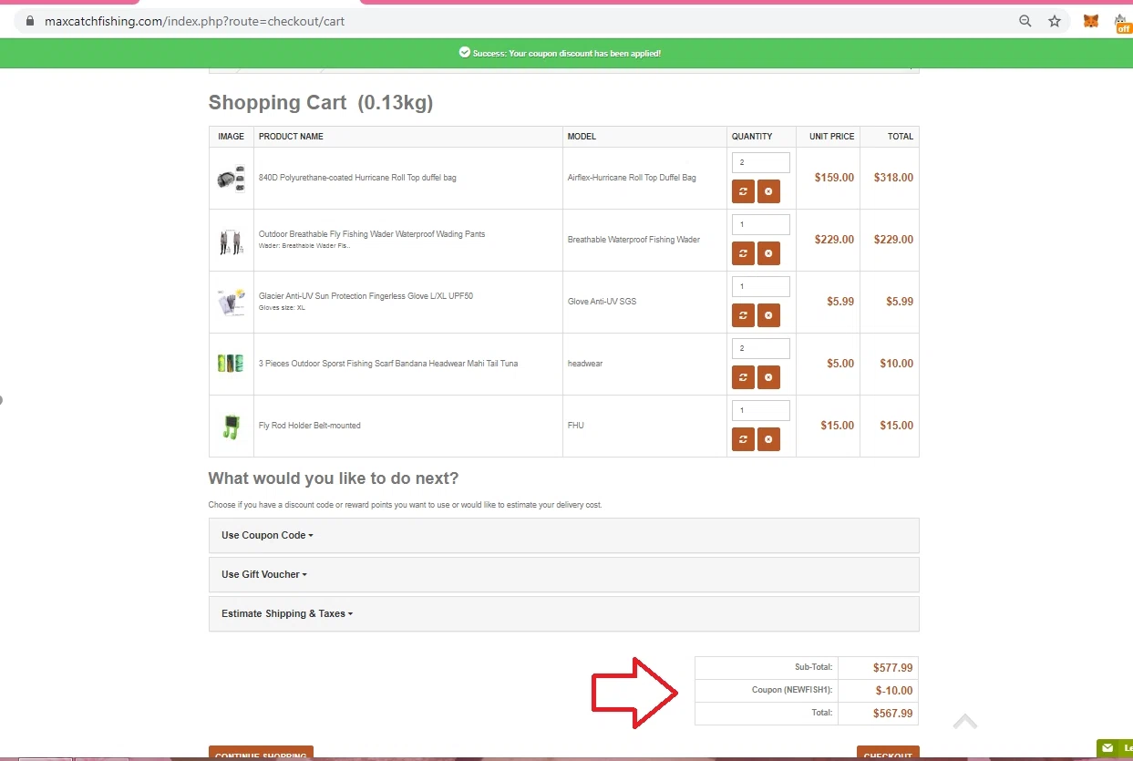 Maxcatch Fishing checkout page showing Maxcatch Fishing coupon code box | Screenshot taken by SimplyCodes community member on Jan 18, 2021